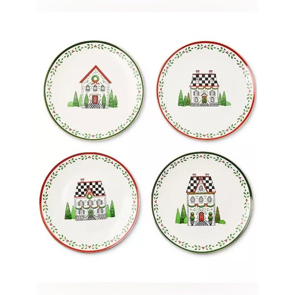 MacKenzie-Childs Holly Village Ceramic Dessert Plates Set of 4 Christmas 8”